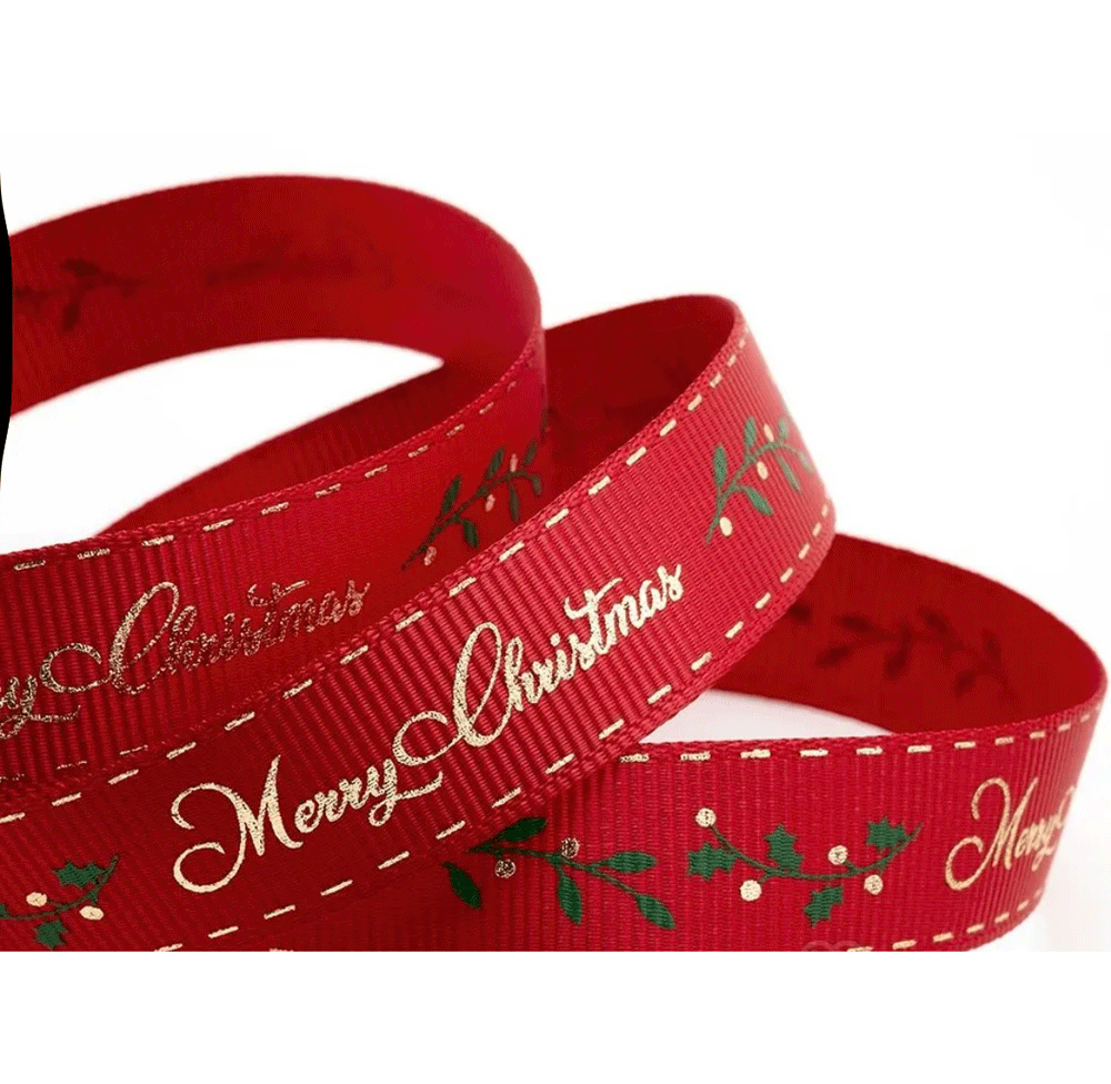 Christmas red ribbon with gold merry Christmas