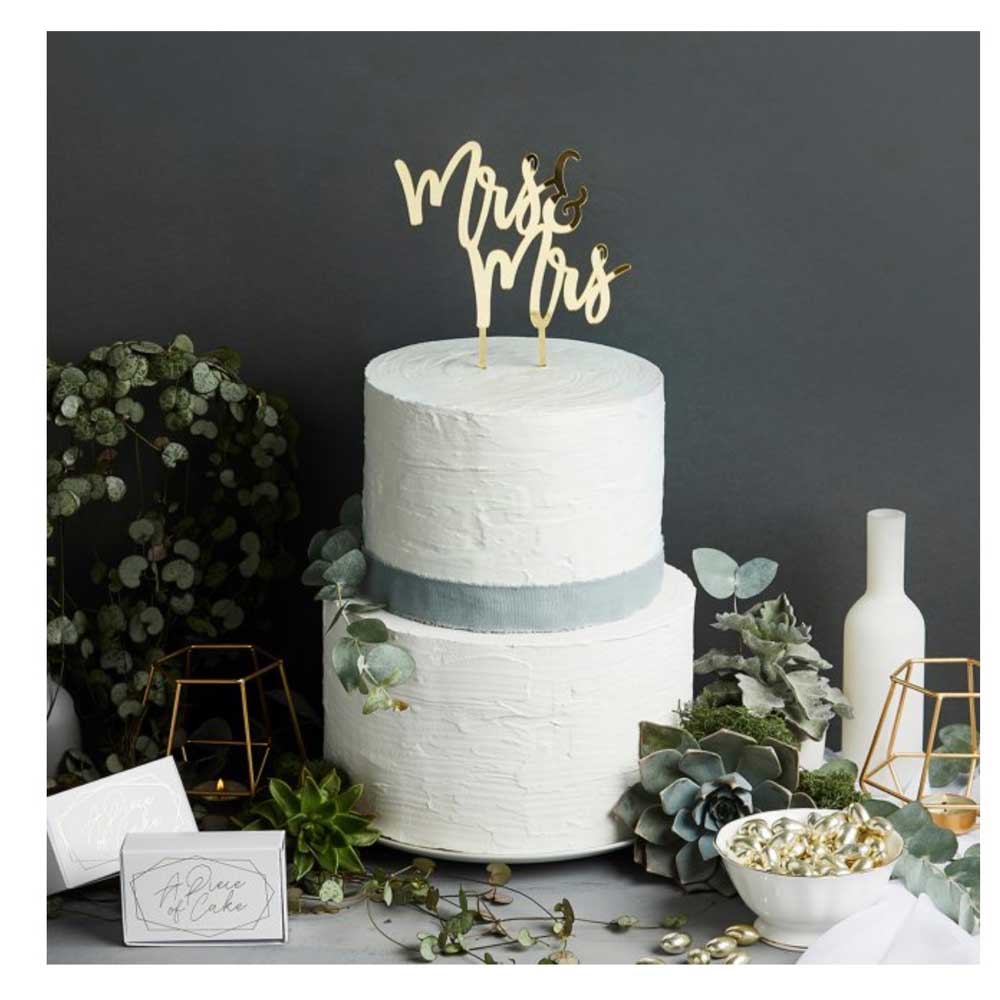 Mrs & Mrs gold wedding cake topper
