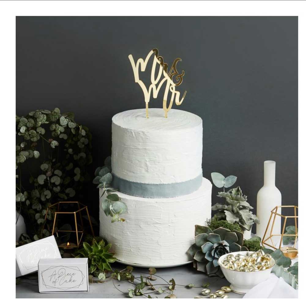 Mr & Mr gold wedding cake topper