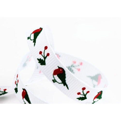 christmas ribbon white with robin image