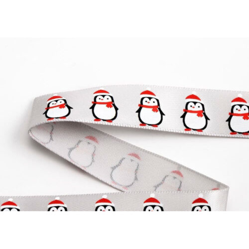 christmas ribbon silver with penguins