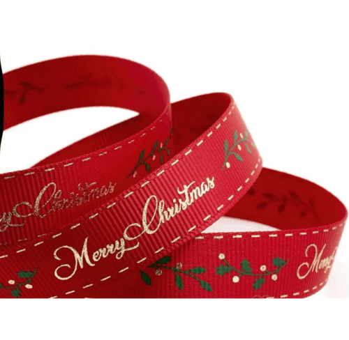 Christmas red ribbon with gold merry Christmas